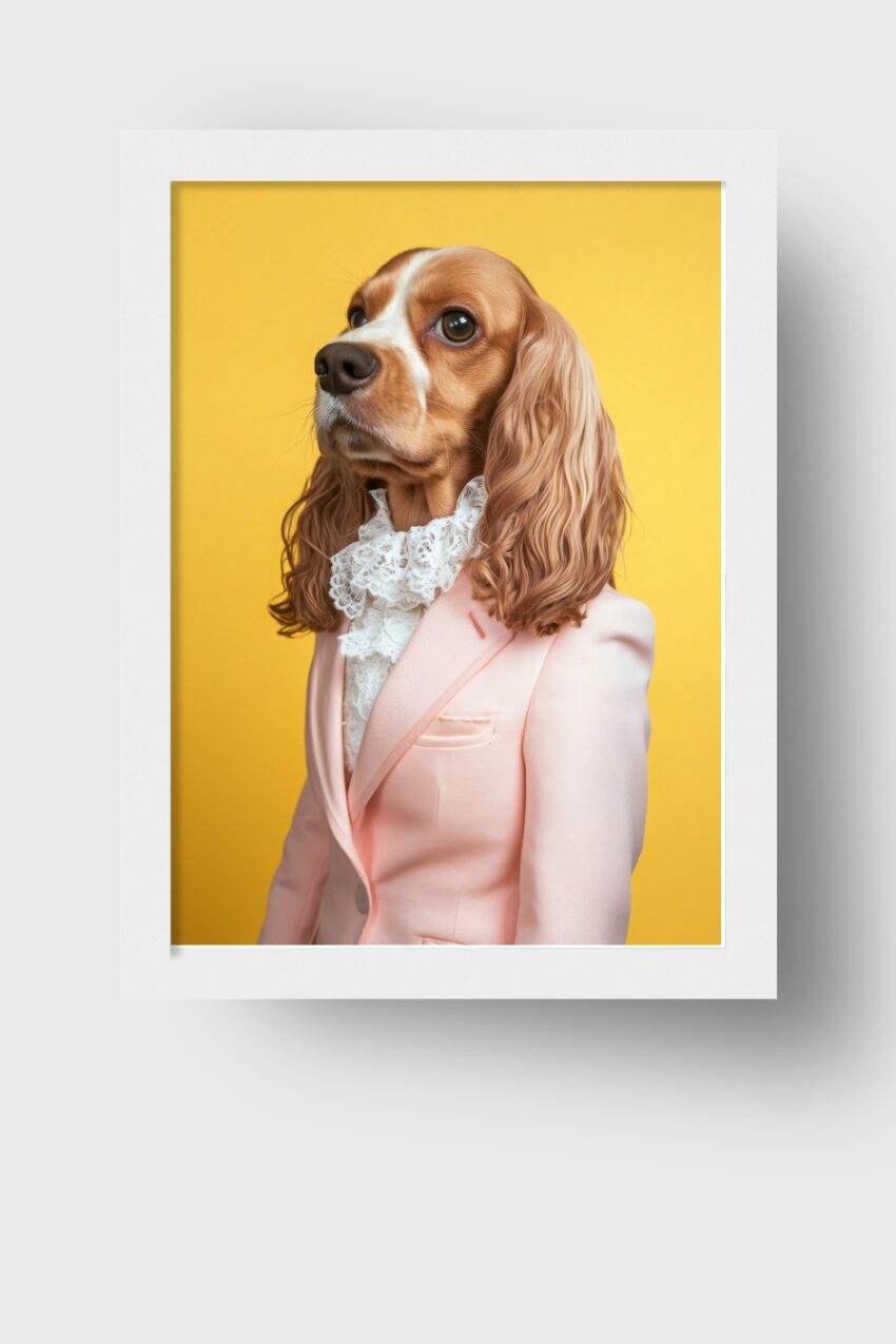 Fotografie Poster Cockerspaniel Hund elegant Anzug rosa gelb