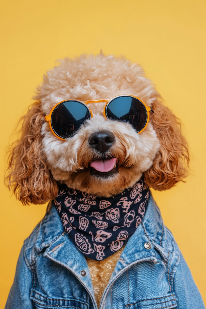 Fotografie Poster Hund mit Sonnenbrille Tuch gelb