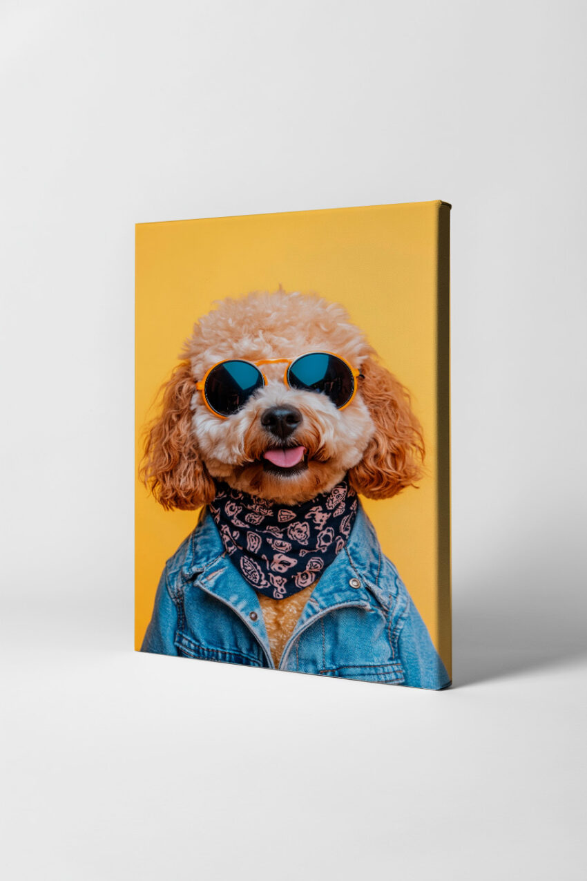 Fotografie Poster Hund mit Sonnenbrille Tuch gelb