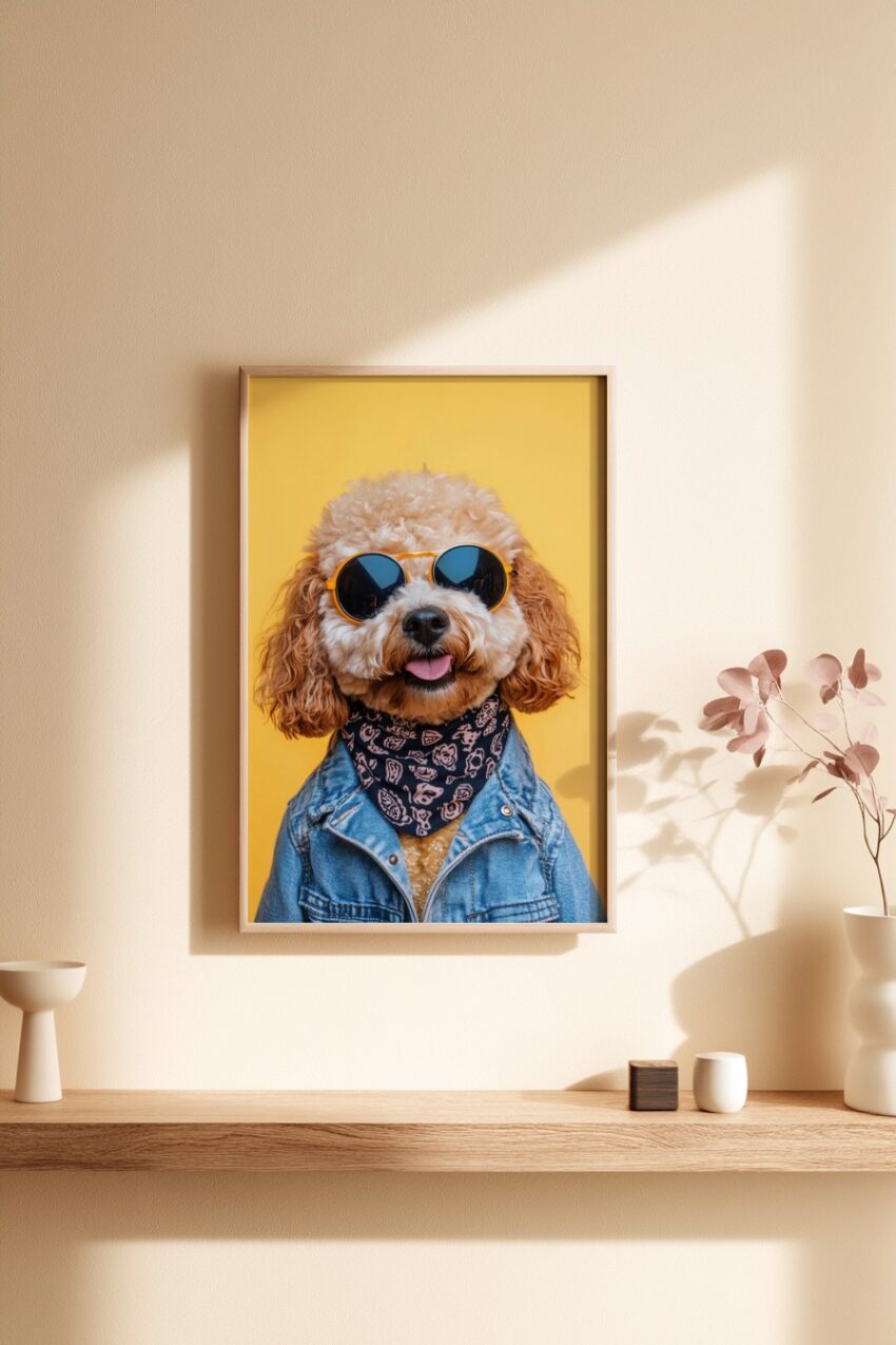 Fotografie Poster Hund mit Sonnenbrille Tuch gelb