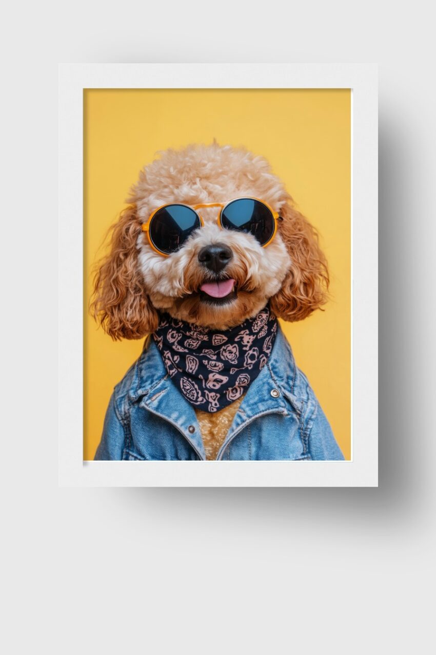 Fotografie Poster Hund mit Sonnenbrille Tuch gelb