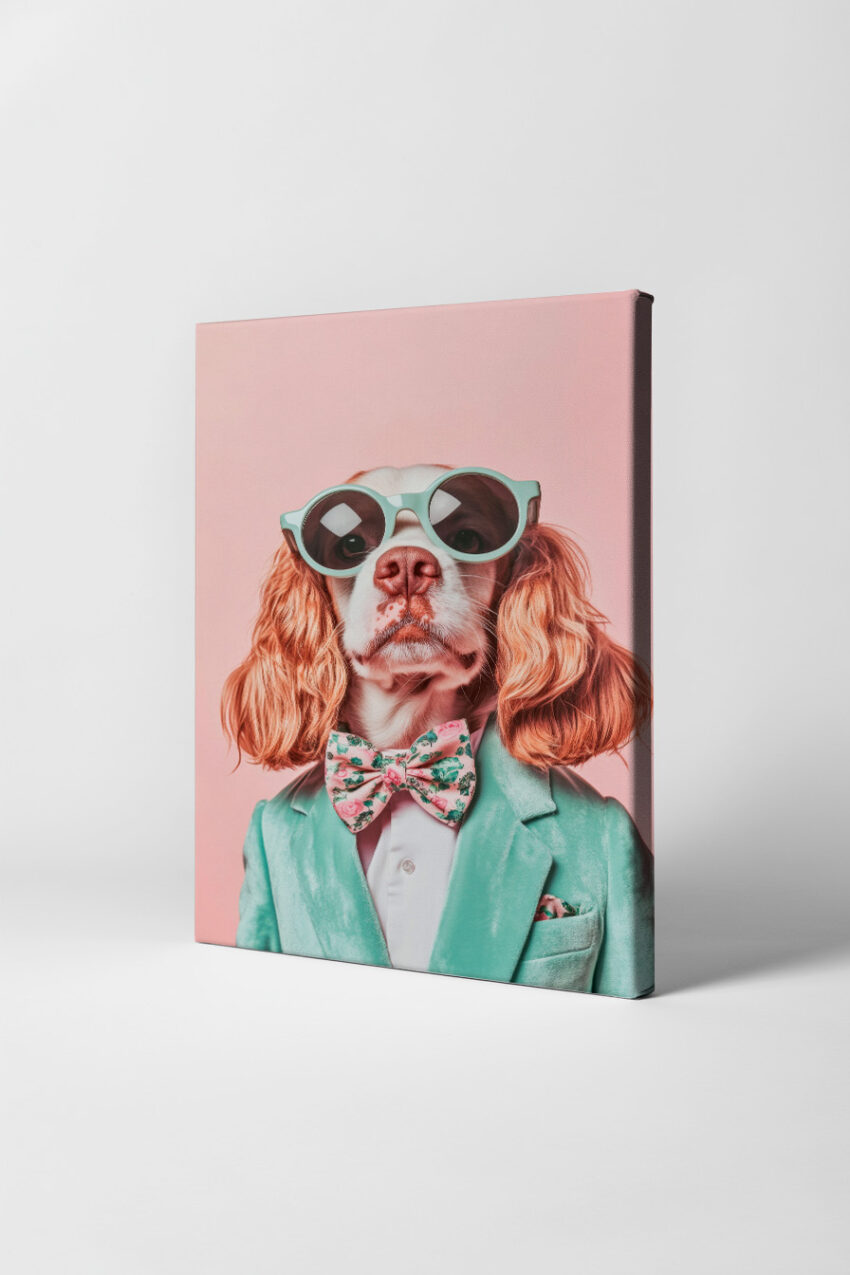 Fotografie Poster Hund mit Sonnenbrille Fliege pastellfarben rosa