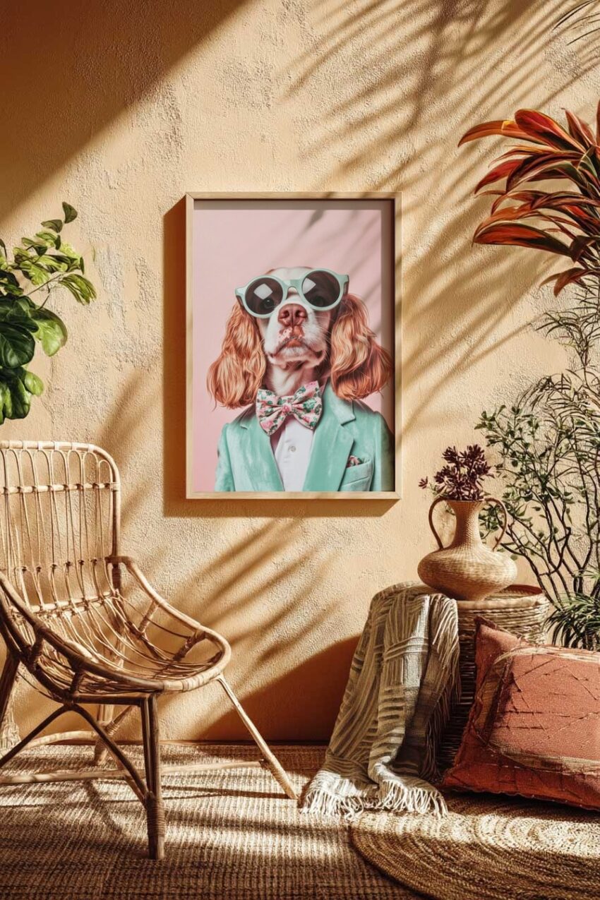 Fotografie Poster Hund mit Sonnenbrille Fliege pastellfarben rosa