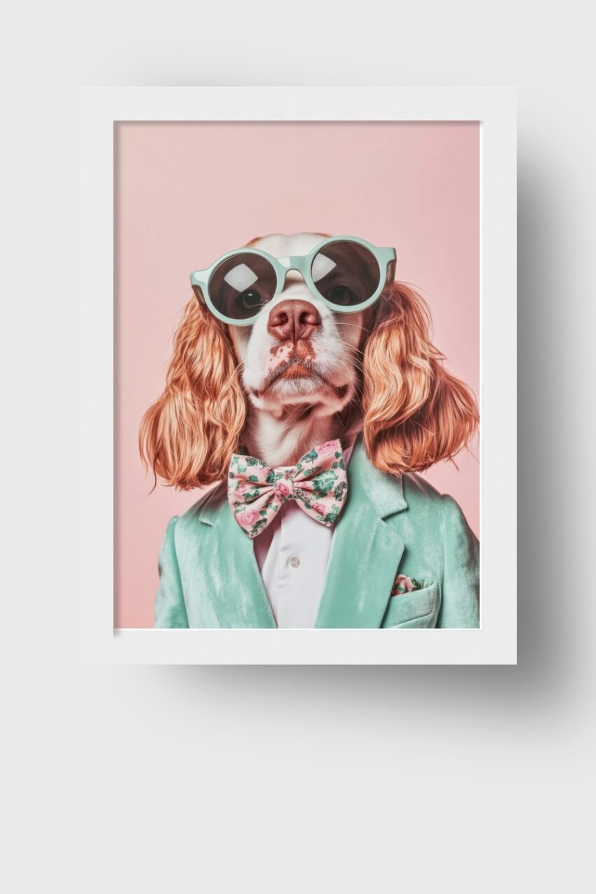 Fotografie Poster Hund mit Sonnenbrille Fliege pastellfarben rosa