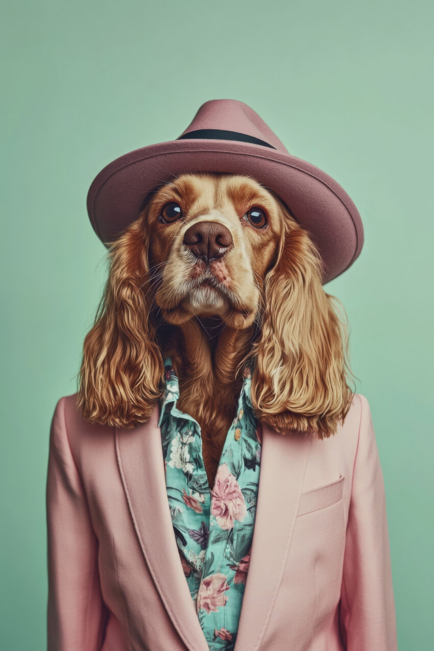 Fotografie Poster Hund Rosa Anzug Hut frontal