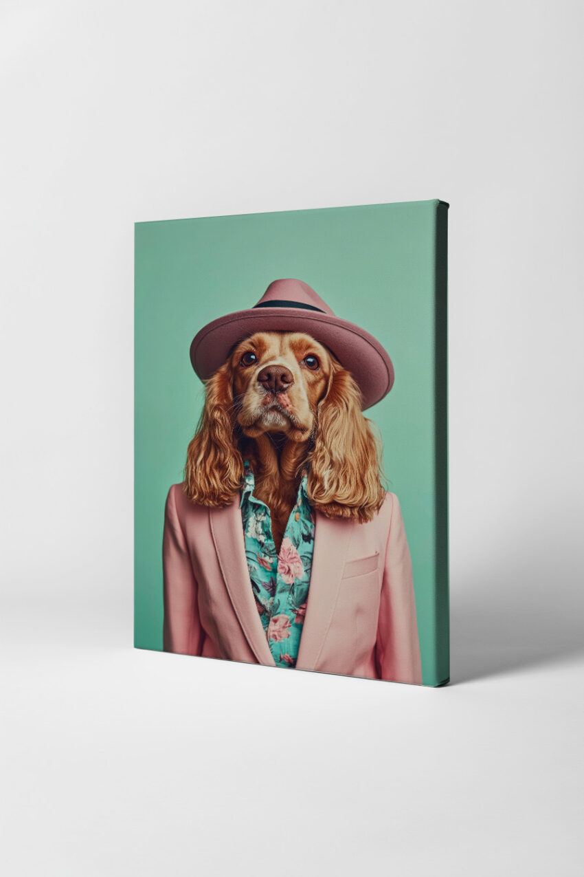 Fotografie Poster Hund Rosa Anzug Hut frontal