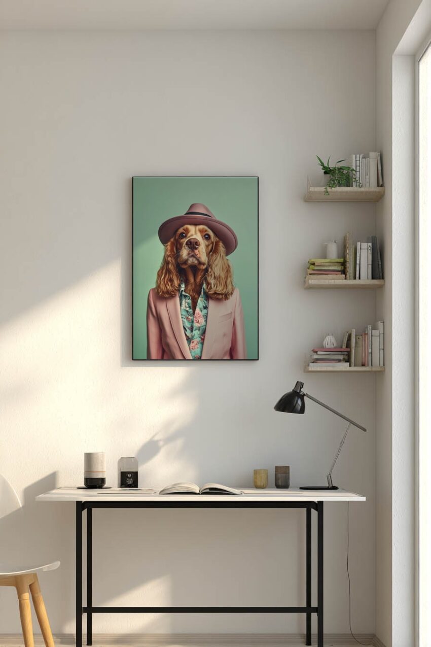 Fotografie Poster Hund Rosa Anzug Hut frontal