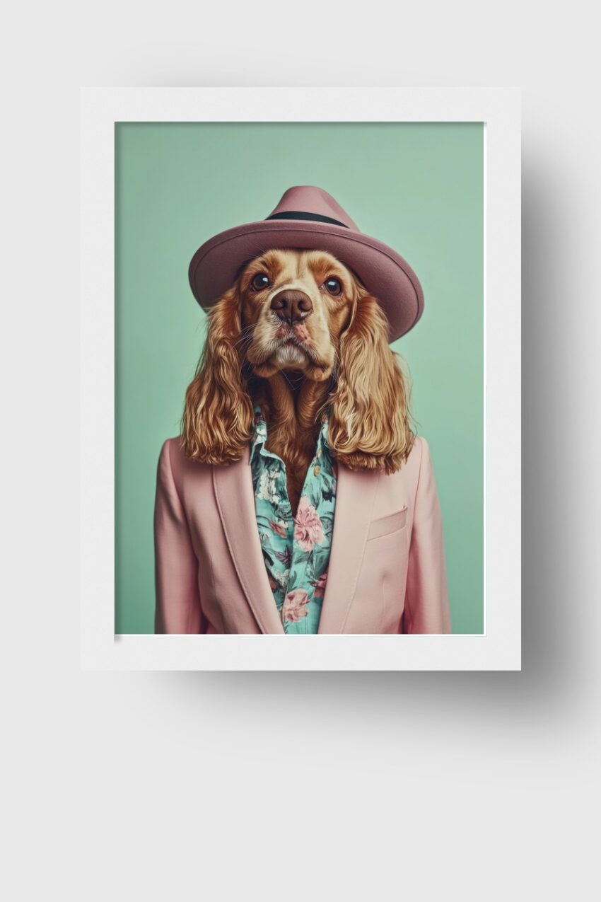 Fotografie Poster Hund Rosa Anzug Hut frontal