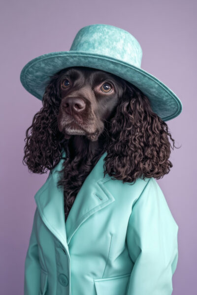 Hund mit Hut und Mantel Blau Gerahmt