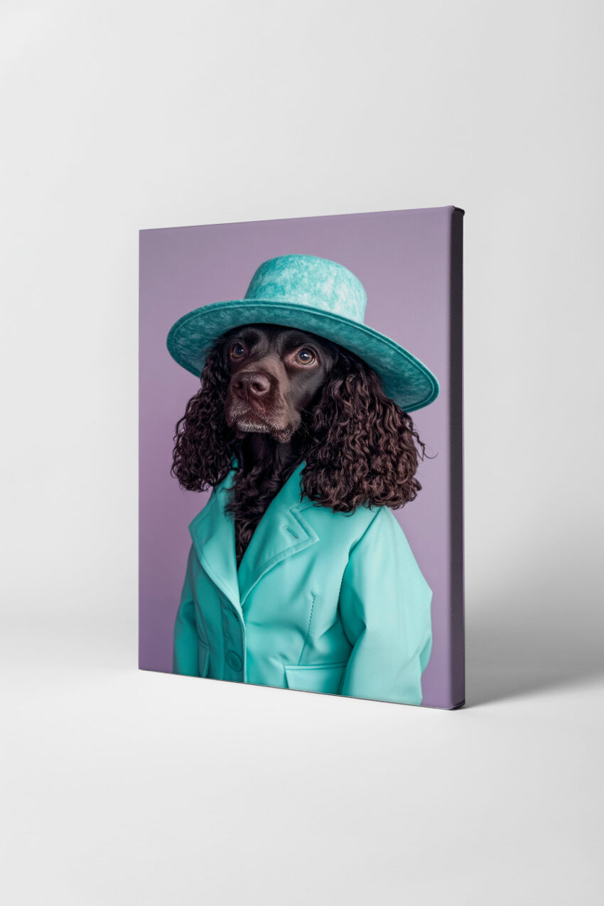 Fotografie Poster Hund braun türkisfarben Hut Mantel