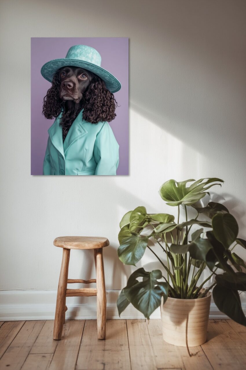 Fotografie Poster Hund braun türkisfarben Hut Mantel