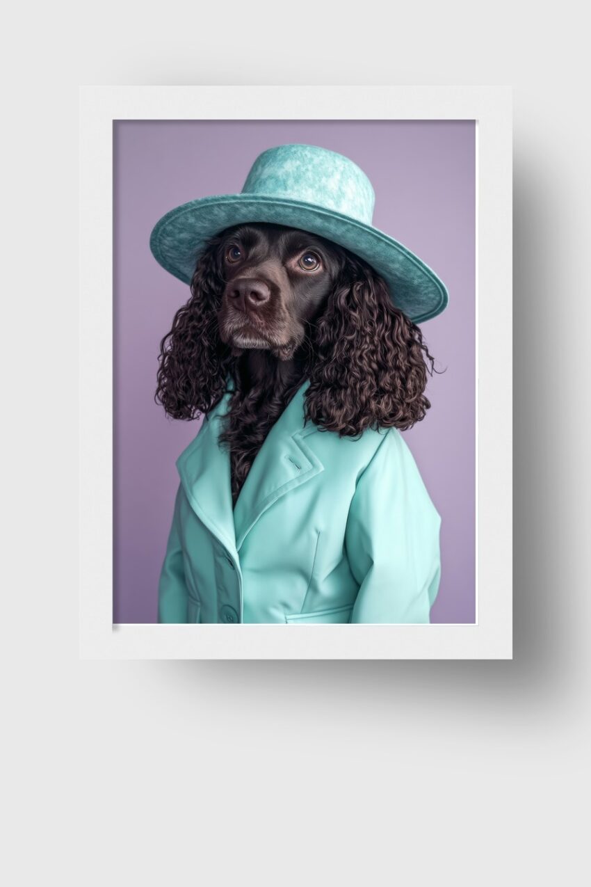 Fotografie Poster Hund braun türkisfarben Hut Mantel
