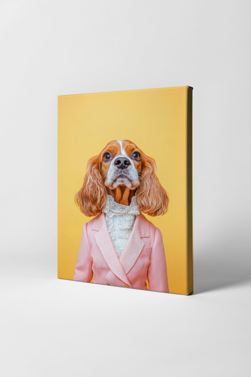 Fotografie Poster Hund Spaniel rosa Blazer gelber Hintergrund