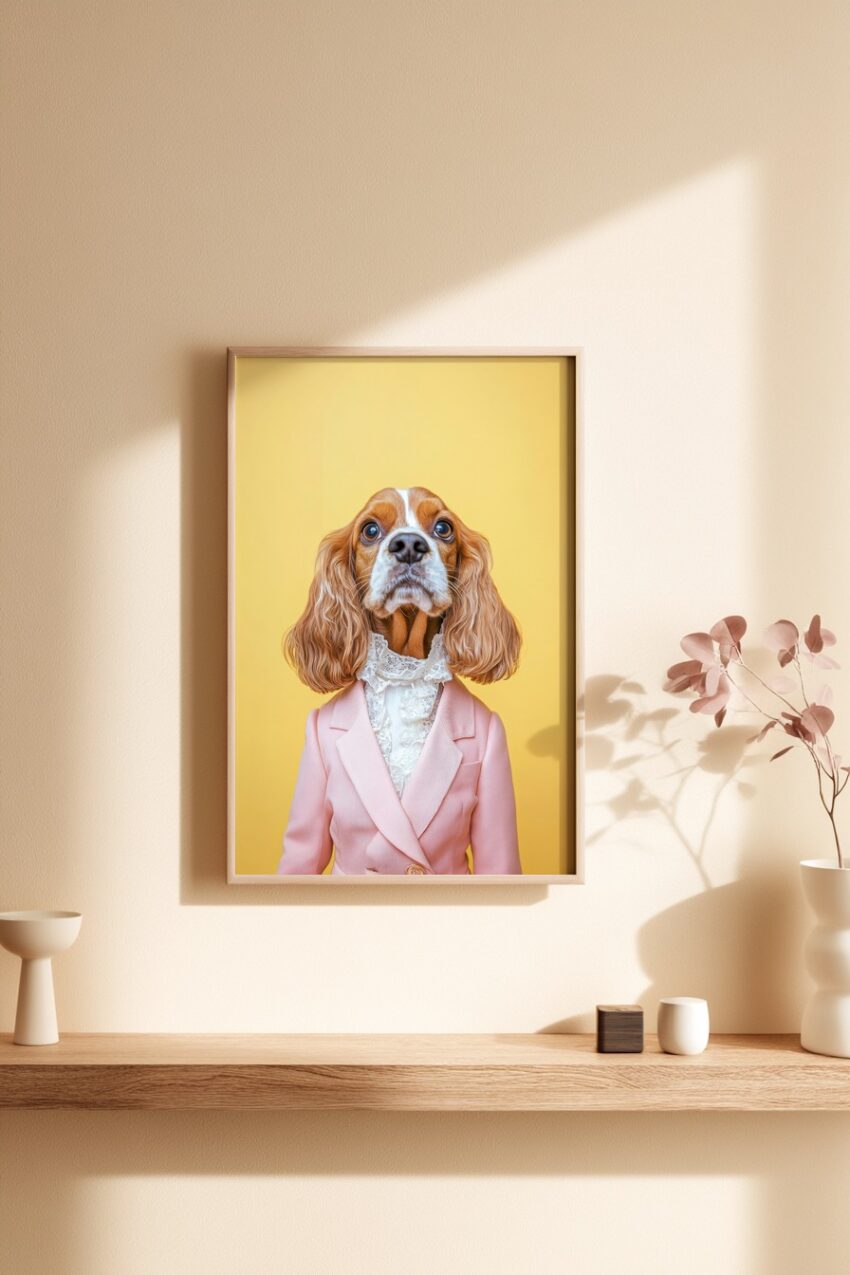 Fotografie Poster Hund Spaniel rosa Blazer gelber Hintergrund