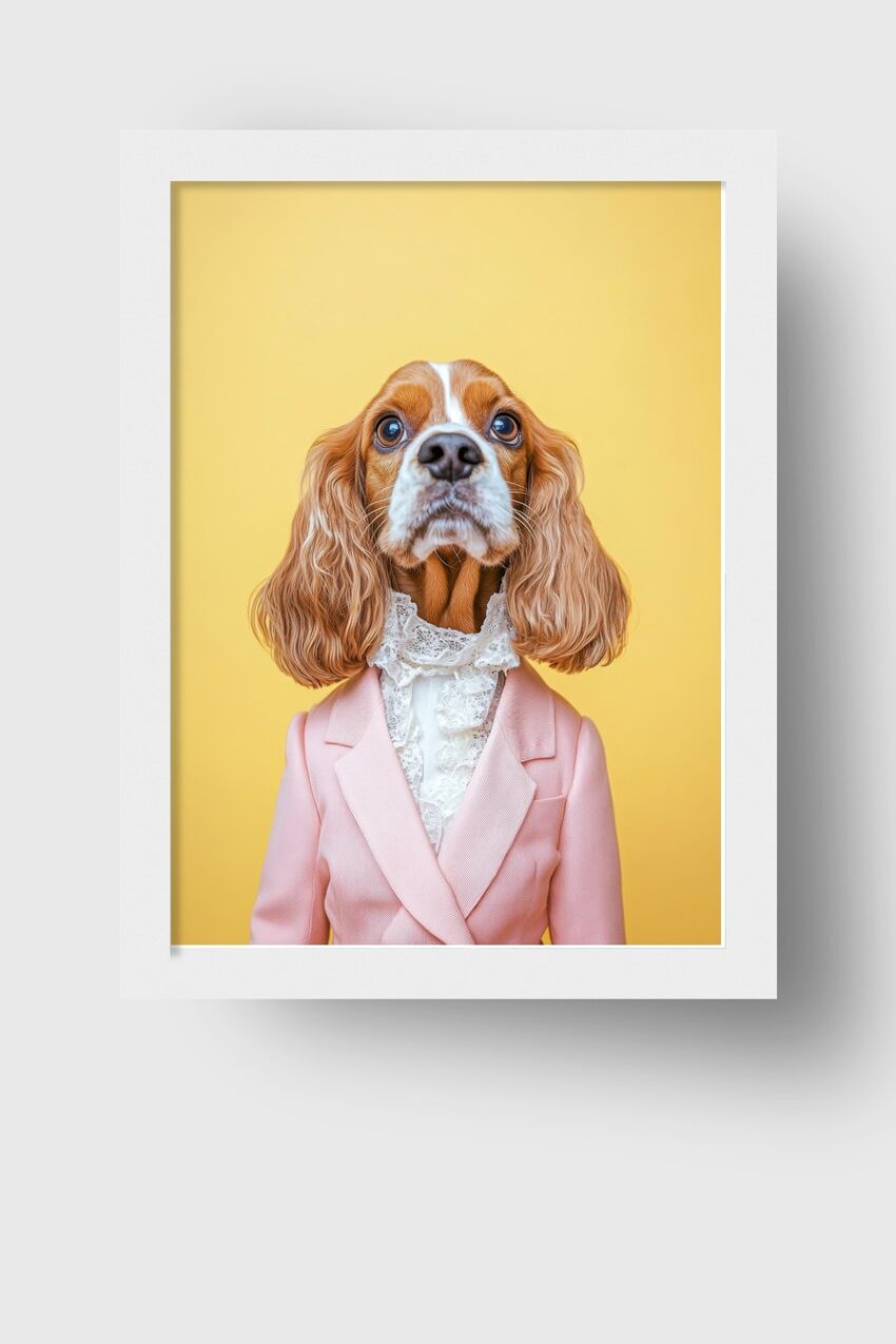 Fotografie Poster Hund Spaniel rosa Blazer gelber Hintergrund