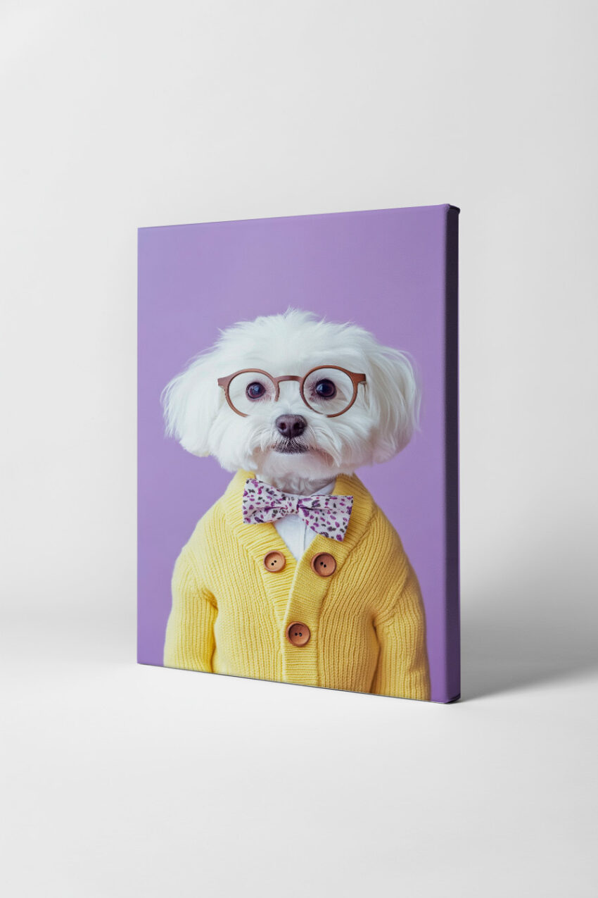 Fotografie Poster Weißer Hund Brille Fliege gelber Pullover