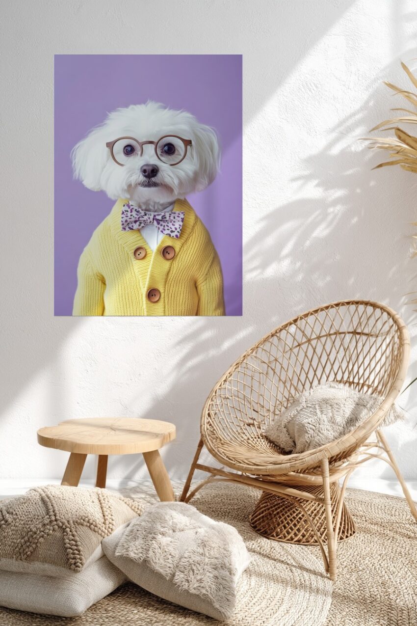 Fotografie Poster Weißer Hund Brille Fliege gelber Pullover