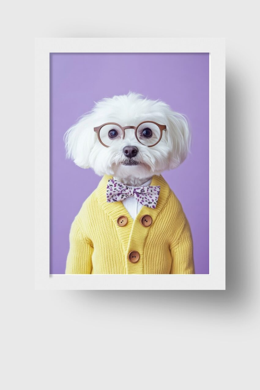 Fotografie Poster Weißer Hund Brille Fliege gelber Pullover