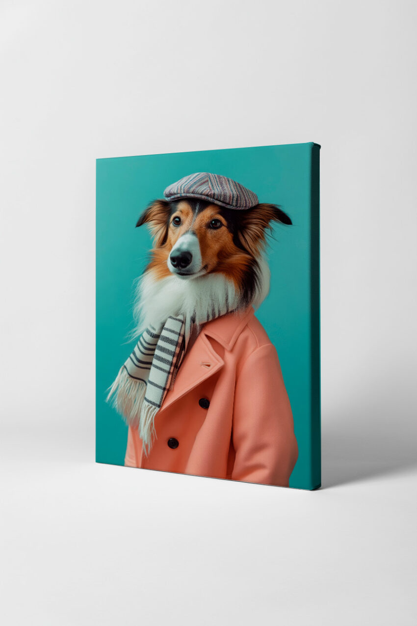 Fotografie Poster Hund Mantel Mütze Schal farbig