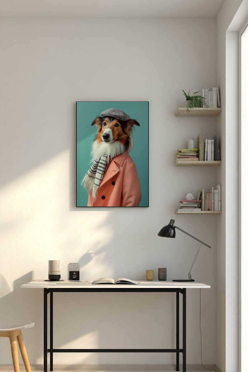 Fotografie Poster Hund Mantel Mütze Schal farbig