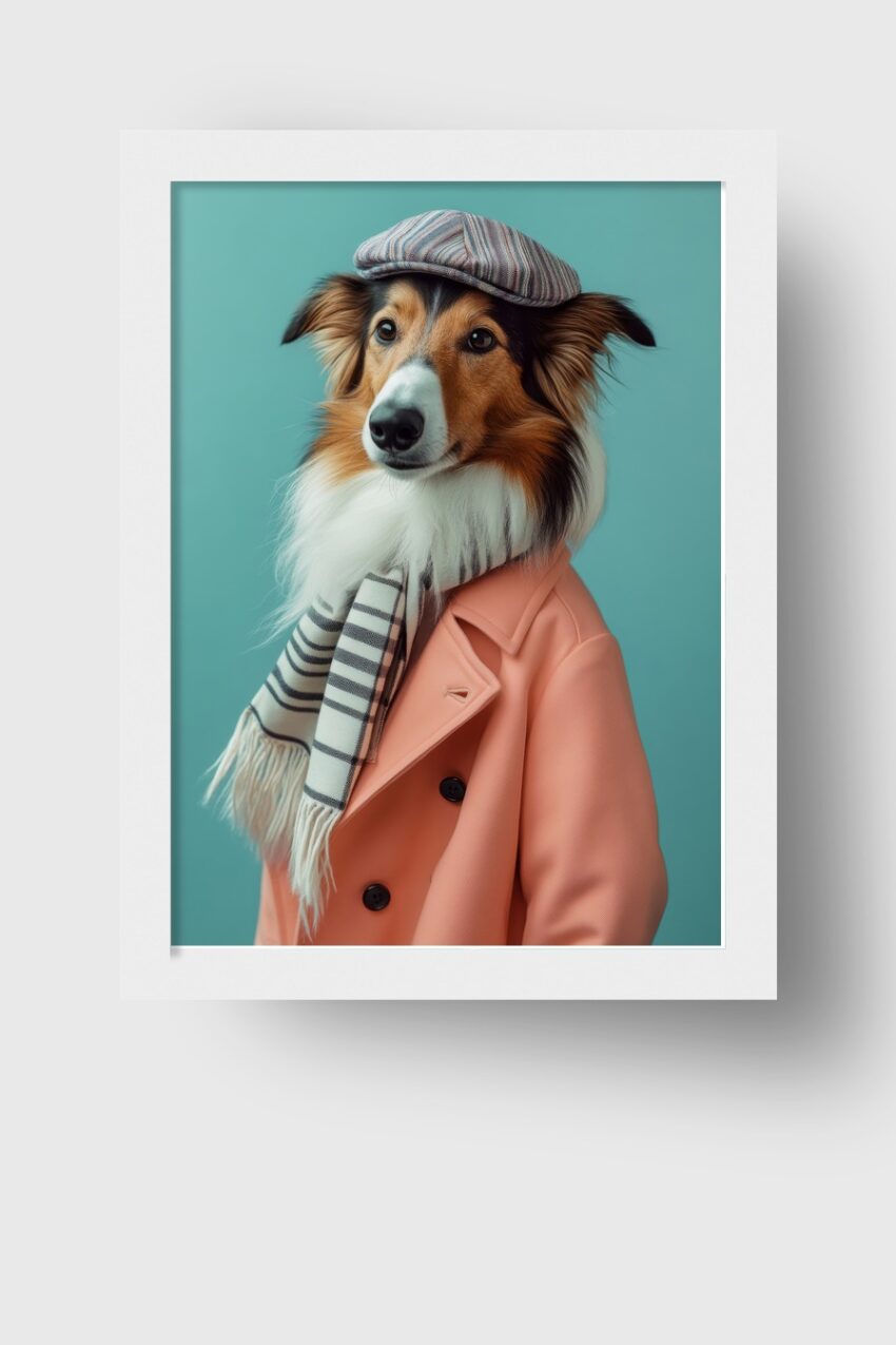 Fotografie Poster Hund Mantel Mütze Schal farbig