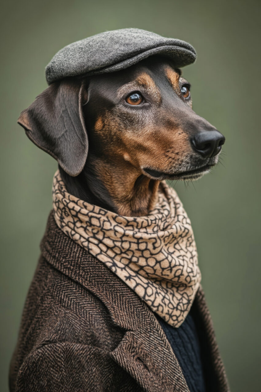 Fotografie Poster Hund elegant mit Schiebermütze und Schal braun