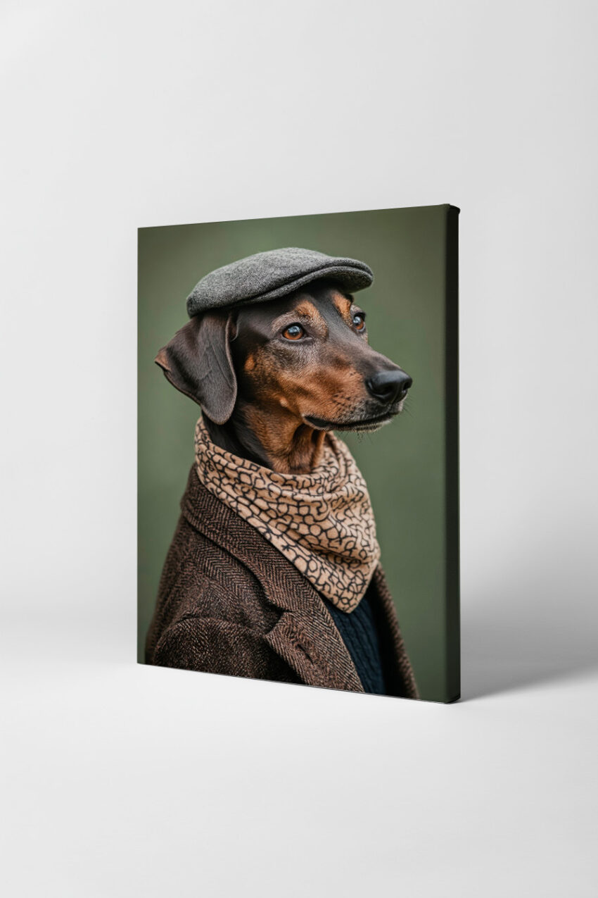 Fotografie Poster Hund elegant mit Schiebermütze und Schal braun