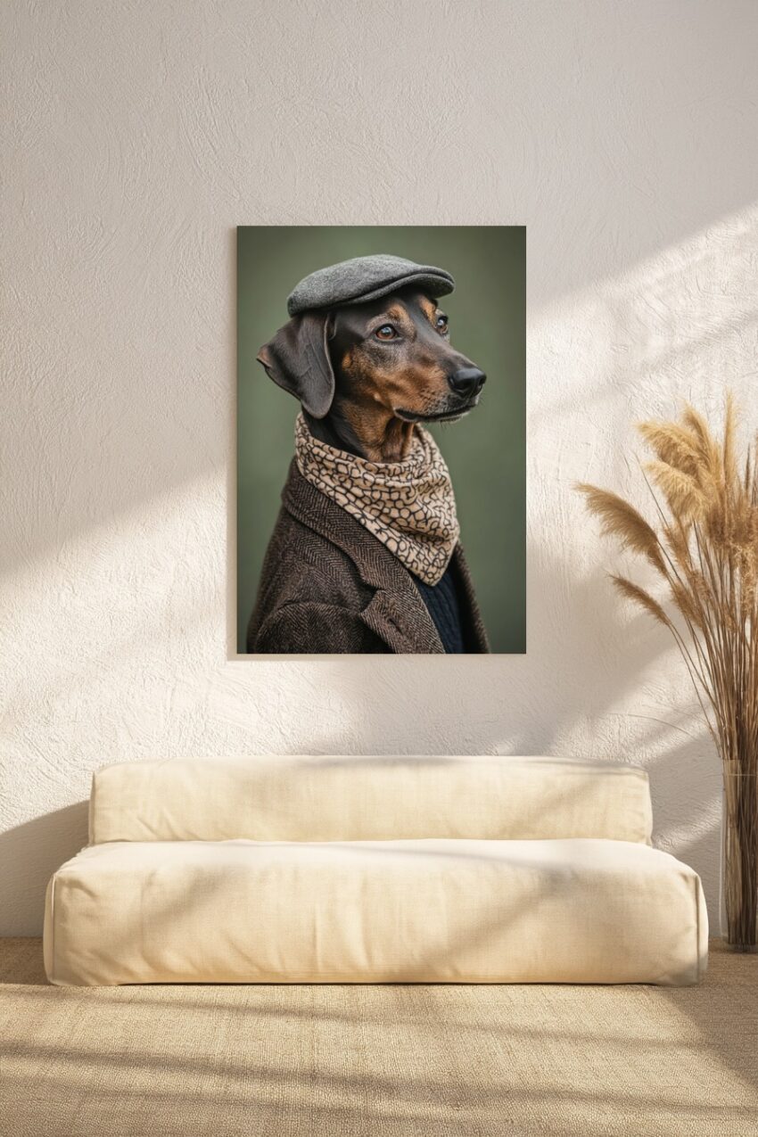 Fotografie Poster Hund elegant mit Schiebermütze und Schal braun