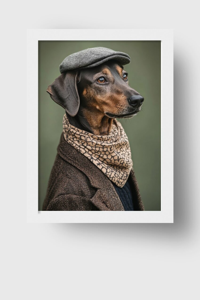 Fotografie Poster Hund elegant mit Schiebermütze und Schal braun