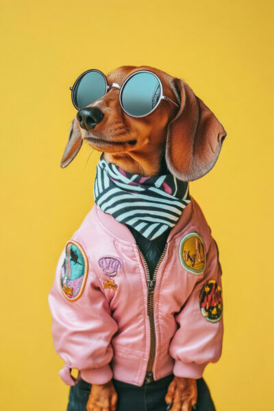 Dackel mit Pilotenjacke Gerahmt