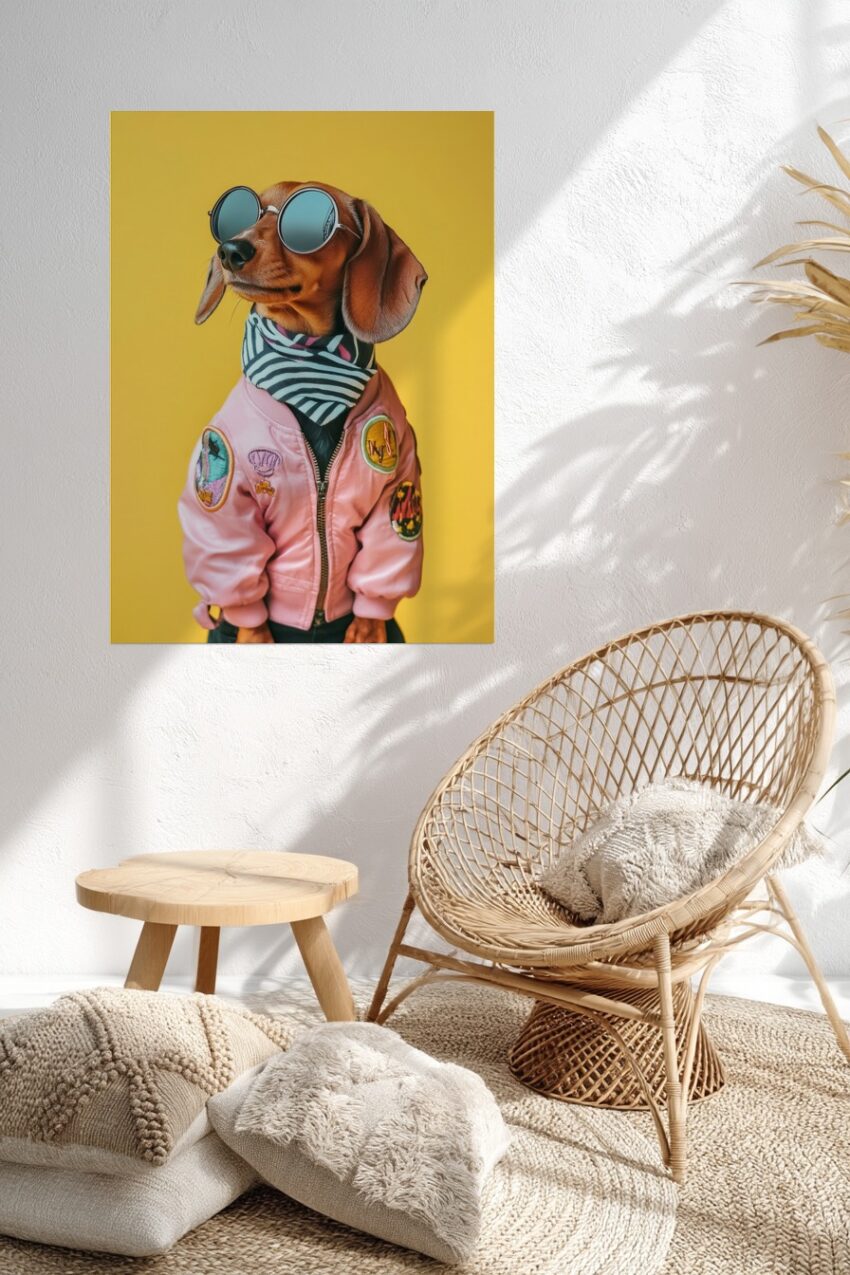Fotografie Poster Dackel Pilotenjacke Sonnenbrille Rosa