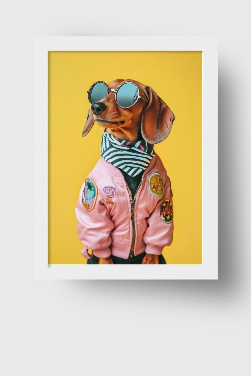 Fotografie Poster Dackel Pilotenjacke Sonnenbrille Rosa