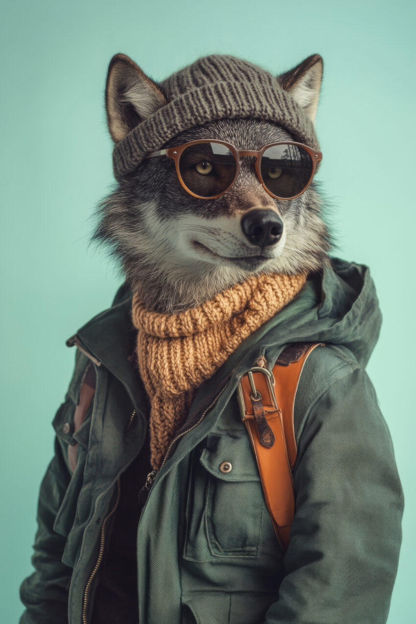 Fotografie Poster Wolf Sonnenbrille Strickmütze urban