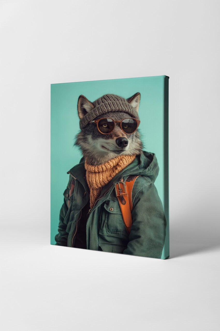 Fotografie Poster Wolf Sonnenbrille Strickmütze urban