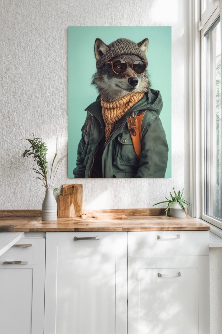 Fotografie Poster Wolf Sonnenbrille Strickmütze urban