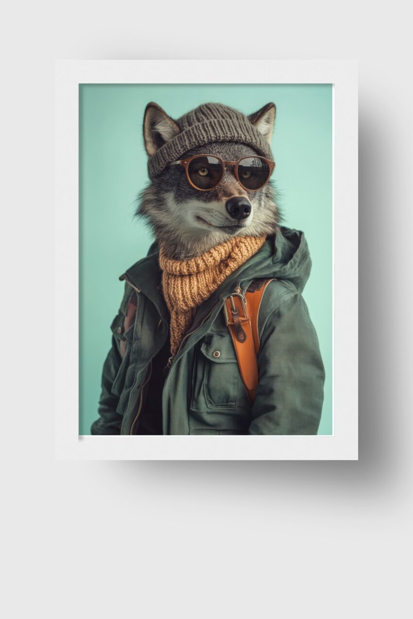 Fotografie Poster Wolf Sonnenbrille Strickmütze urban