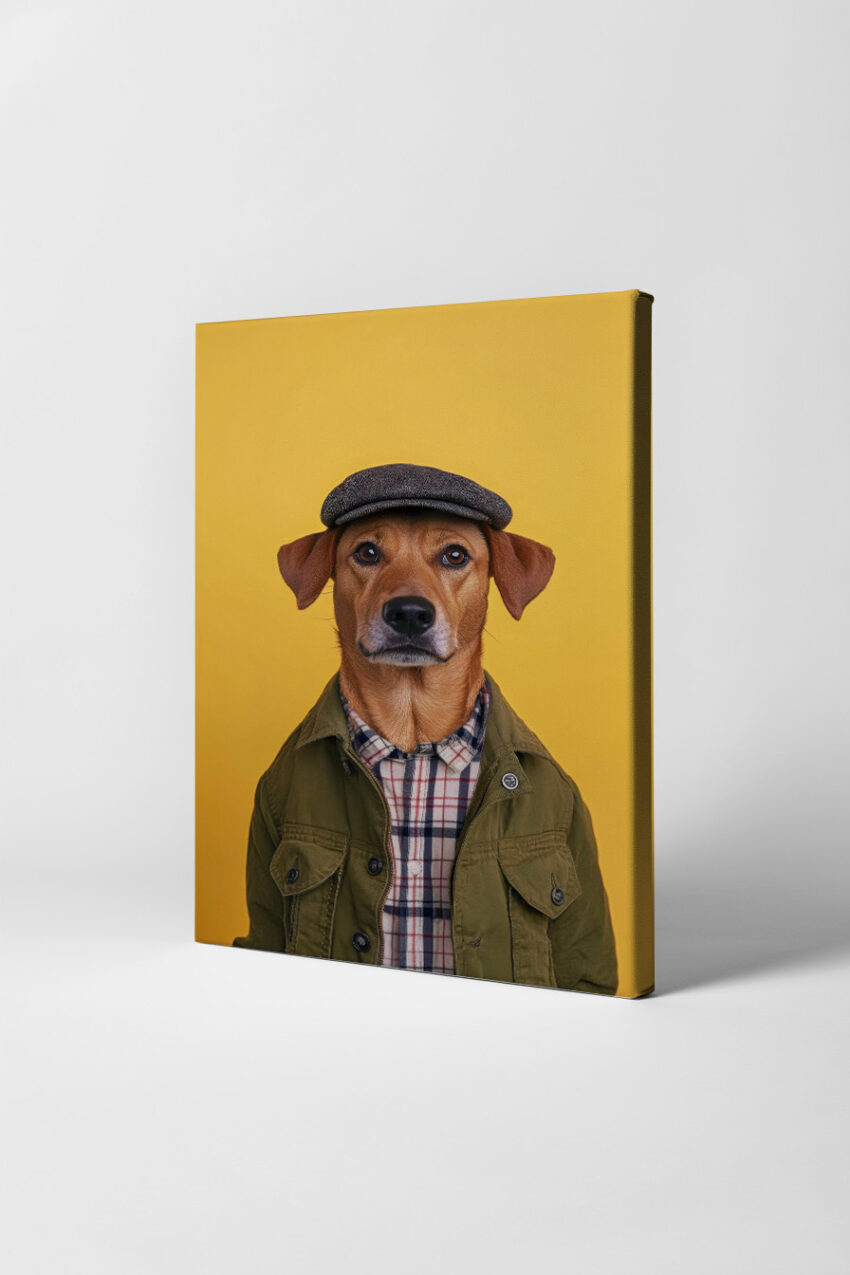 Fotografie Poster Hund mit Schiebermütze Jacke gelb