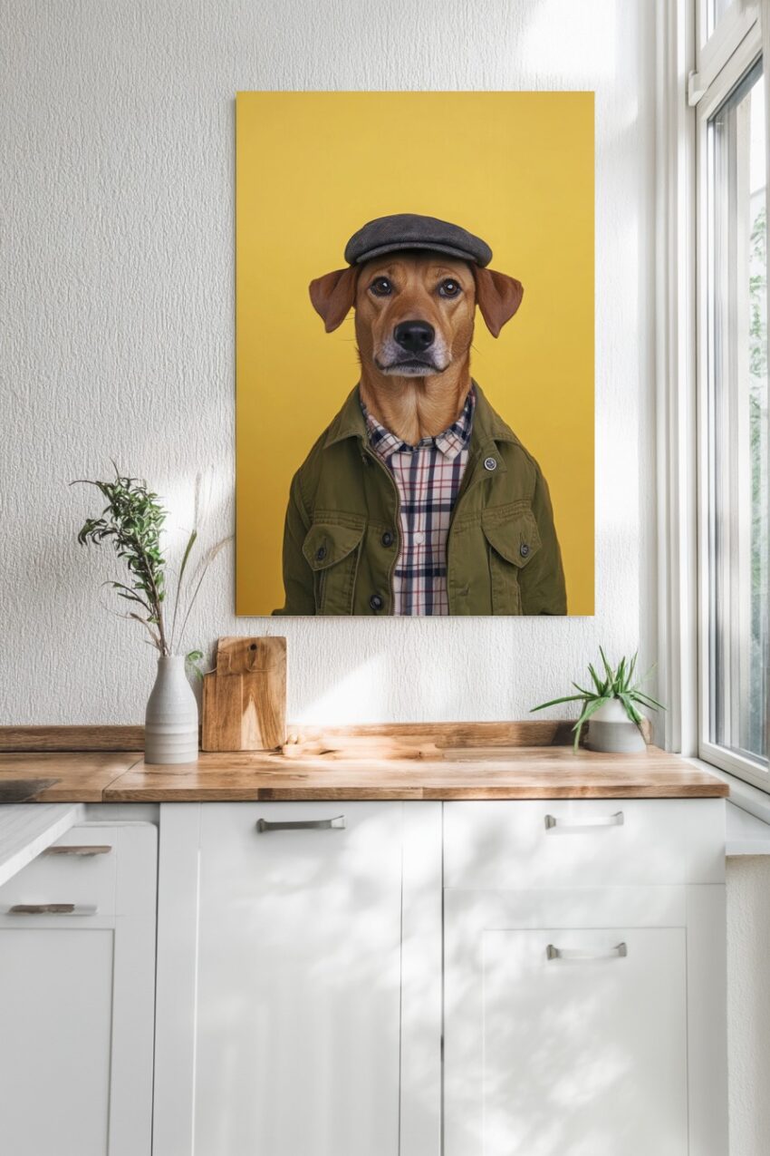 Fotografie Poster Hund mit Schiebermütze Jacke gelb