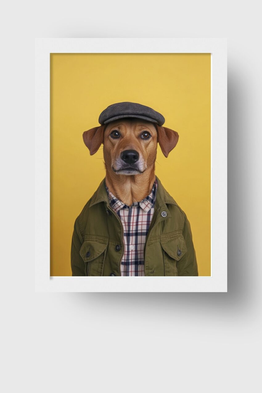 Fotografie Poster Hund mit Schiebermütze Jacke gelb