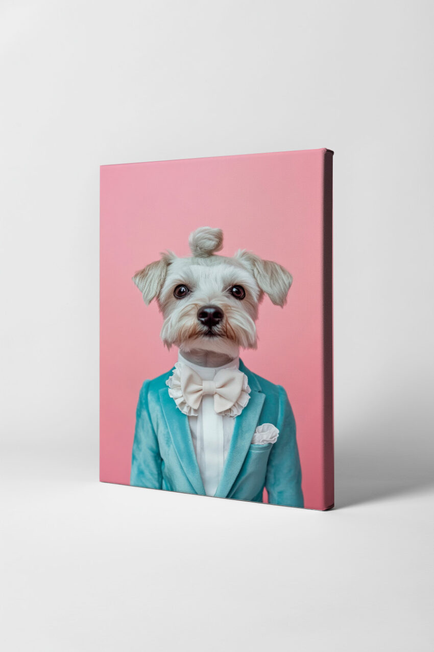 Fotografie Poster Hund Anzug Schal Schleife pastellfarben rosa blau