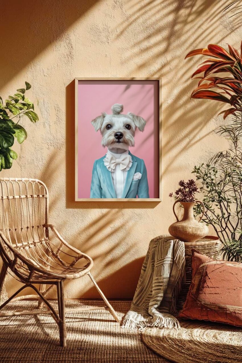 Fotografie Poster Hund Anzug Schal Schleife pastellfarben rosa blau