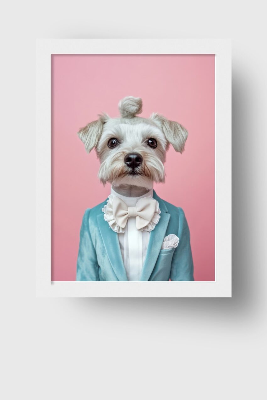 Fotografie Poster Hund Anzug Schal Schleife pastellfarben rosa blau