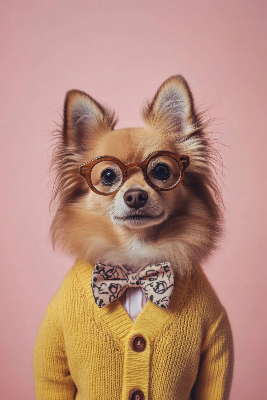 Fotografie Poster Hund Brille Pullover gelb rosa