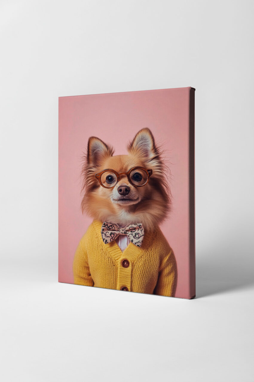 Fotografie Poster Hund Brille Pullover gelb rosa