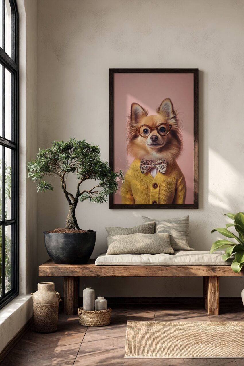 Fotografie Poster Hund Brille Pullover gelb rosa