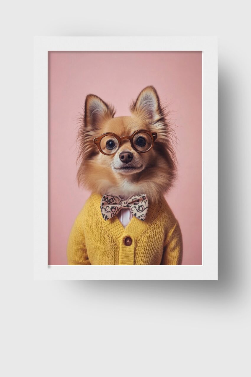 Fotografie Poster Hund Brille Pullover gelb rosa