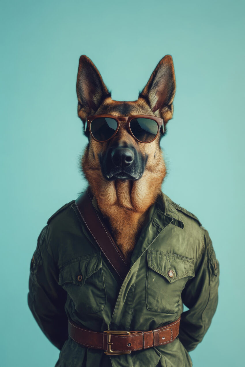 Fotografie Poster Schäferhund Militärjacke braune Sonnenbrille