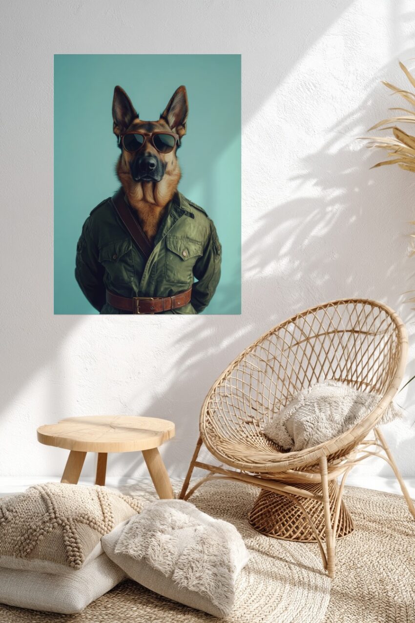 Fotografie Poster Schäferhund Militärjacke braune Sonnenbrille