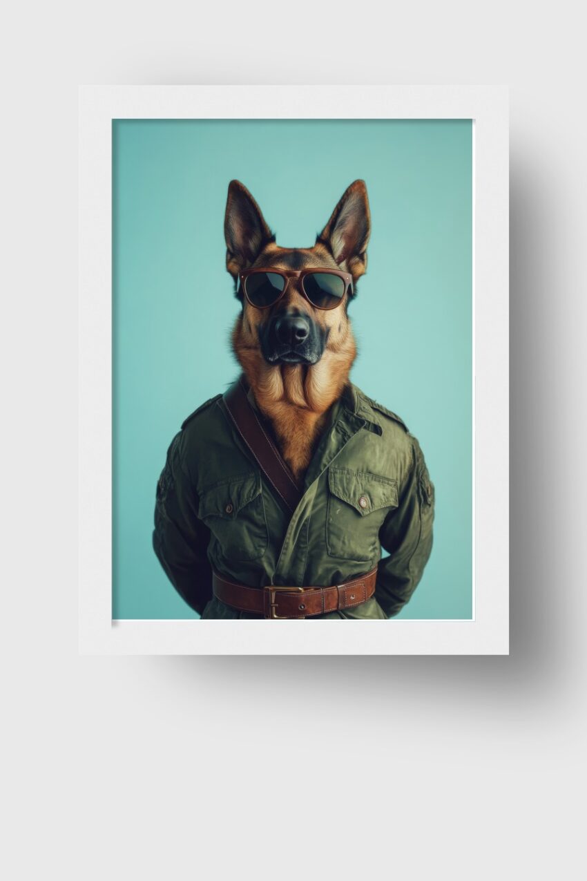 Fotografie Poster Schäferhund Militärjacke braune Sonnenbrille