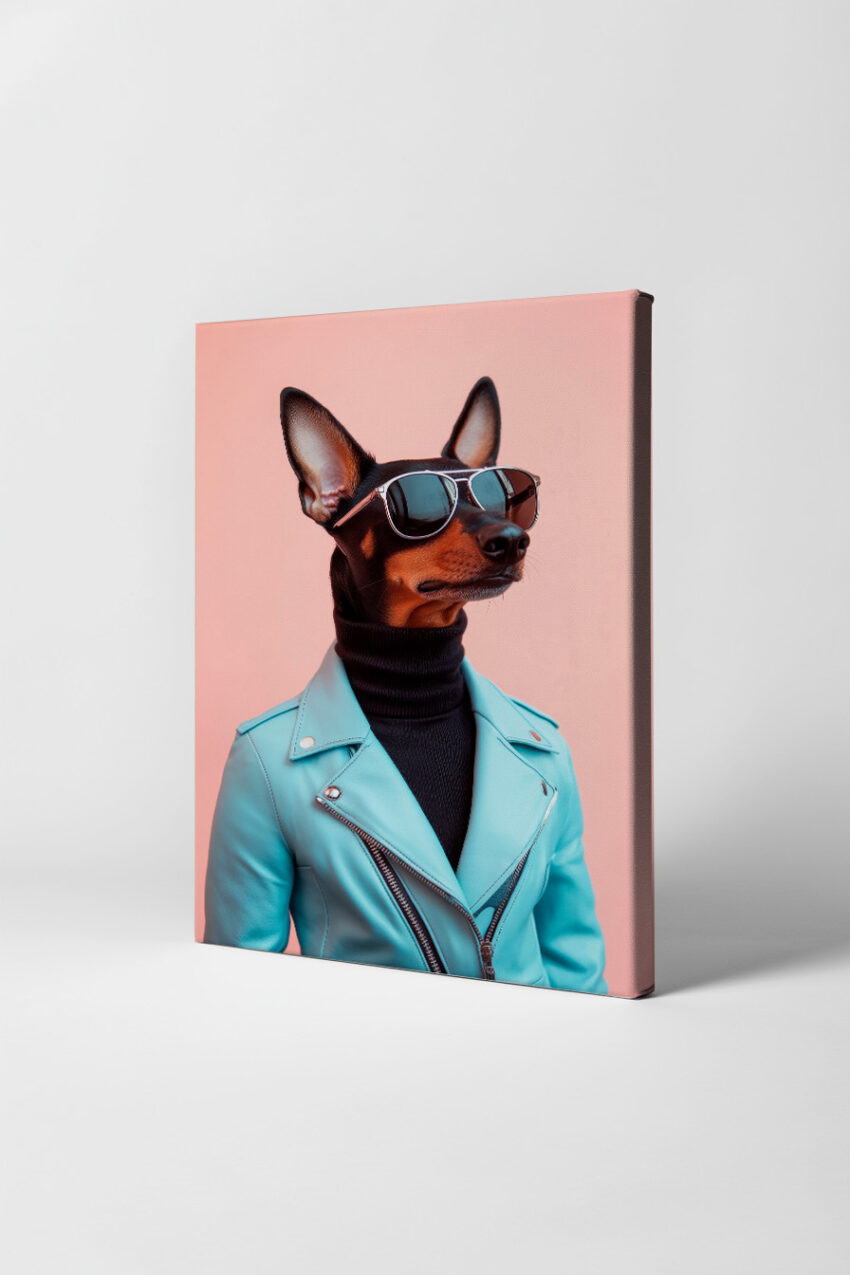 Fotografie Poster Hund Lederjacke Sonnenbrille blau rosa